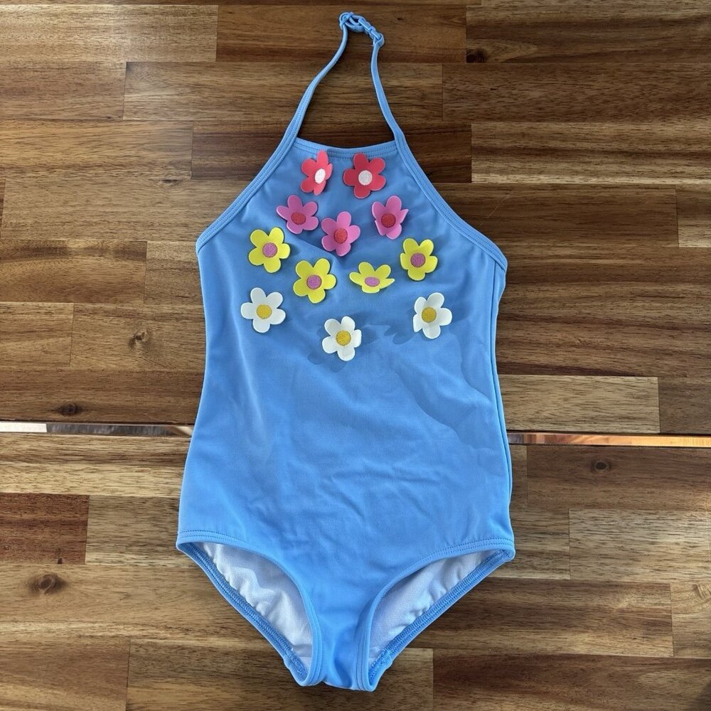 Mini Boden Girls Swimsuit Blue Flower Appliqué Bathing Suit 3-4 Years Beach Pool